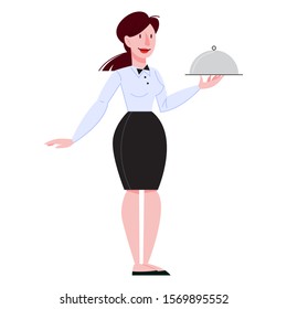 Waitress standing in restaurant holding a silver tray. Restaurant staff in the uniform, catering service. Isolated vector illustration in cartoon style