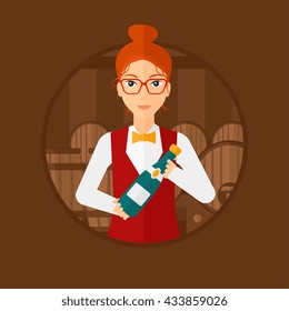 Waitress standing in wine cellar. Waitress with bottle in hands standing on background of wine barrels. Sommelier in wine cellar. Vector flat design illustration in the circle isolated on background.