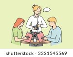 Waitress takes order from young couple in restaurant. Guy and girl choose food, drinks in cafe. Man, woman spend time in coffeehouse. Speech bubble. Vector thin line colored illustration.