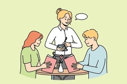 Waitress Takes Order From Young Couple In Restaurant. Guy And Girl Choose Food, Drinks In Cafe. Man, Woman Spend Time In Coffeehouse. Speech Bubble. Vector Thin Line Colored Illustration.