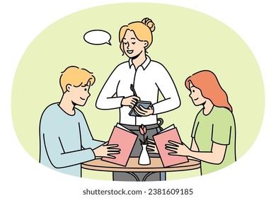 Waitress takes order from young couple in restaurant. Guy and girl choose food, drinks in cafe. Man, woman spend time in coffeehouse. Speech bubble. Vector thin line colored illustration.