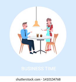 waitress taking order from businessman visitor cafe worker in apron serving drinks to man having coffee break business time concept flat full length