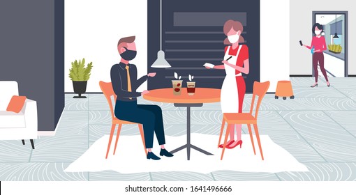 waitress taking order from client in mask to prevent epidemic MERS-CoV wuhan 2019-nCoV pandemic health risk concept cafe interior full length horizontal vector illustration