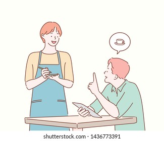 Waitress taking an order. Hand drawn style vector design illustrations.