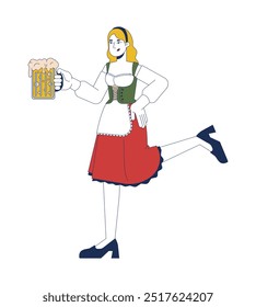 Camarera en vestido tradicional llevando taza de cerveza ilustración plana de dibujos animados. Mujer caucásica en octoberfest 2D personaje aislado sobre fondo blanco. Imagen de color del Vector de la escena del acontecimiento de la fiesta del alcohol