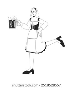 Camarera con vestido tradicional que lleva la ilustración de línea blanca y negra de dibujos animados de taza de cerveza. Mujer caucásica en octoberfest 2D carácter lineal aislado. Imagen de contorno de Vector monocromo de fiesta del alcohol