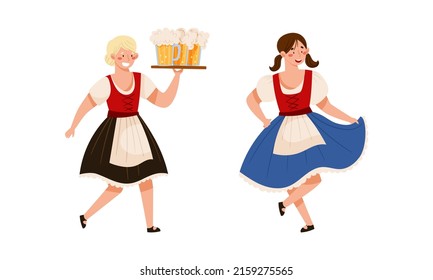 Waitress in traditional German clothes with mugs of beer. Oktoberfest beer festival vector illustration