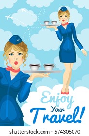 Waitress with a tray of coffee or tea. Full length. Against the background of clouds and airplanes.