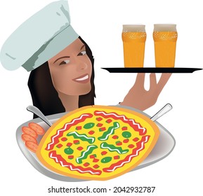 waitress with tray of light beers and pizza