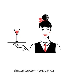 Waitress with tray and wine glass. Userpic. Portrait isolated on white background. Vector illustration