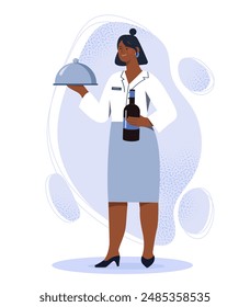 Waitress with tray. Woman in uniform with bottle of wine. Cafe or restaurant worker. Customer service and catering occupation. Polite and friendly waitress. Flat vector illustration