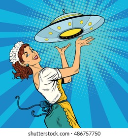 The waitress with UFO, pop art retro vector illustration