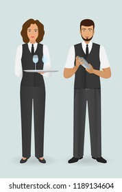 Waitress in uniform and barman standing together. Restaurant people characters. Vector illustration.