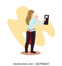 camarera con uniforme y menú en mano en el diseño de ilustraciones vectoriales de fondo blanco