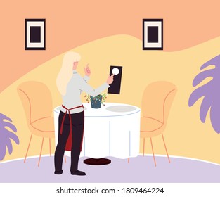 camarera con uniforme y menú en la mano en el diseño de ilustración vector del restaurante