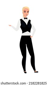 Waitress In Uniform Semi Flat Color Vector Character. Restaurant Staff. Posing Figure. Full Body Person On White. Occupation Simple Cartoon Style Illustration For Web Graphic Design And Animation