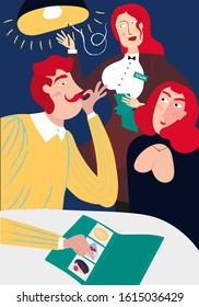 The waitress in uniform taking order. Vector illustration. Woman and man sitting cafe table with menu. Service concept modern restaurant.