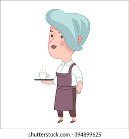 Waitress, vector illustration, a blue haired woman wearing an apron holding a tray with a cup of coffee or tea on it, a part of Dodo people collection