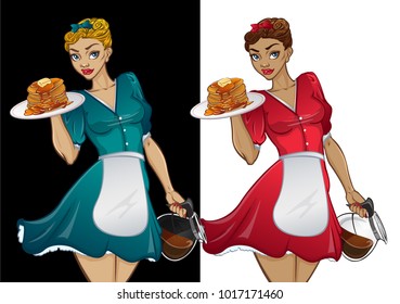 Waitress vector mascot. Vector illustration in pin up style of young female in waitress uniform dress, holding plate of pancakes and coffee pot.