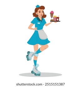 waitress in vintage clothes and roller skates in the style of the 50s or 60s and holding a tray with ice cream burger, fries and soda. vector illustration.