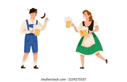 Waitress and waiter in traditional German clothes with mugs of beer. Oktoberfest beer festival vector illustration