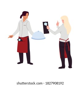 Waitress and waiter in uniform in restaurant vector illustration design
