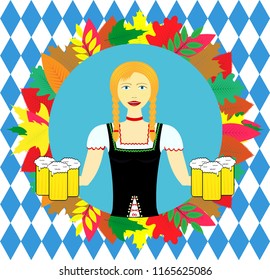 Waitress wit beer mugs decorated With Colorful Leaves