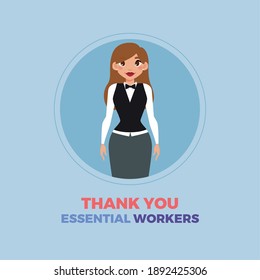 Waitress Woman Blue Thanks Essential Workers Logo - Vector