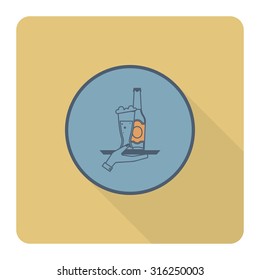 Waitresses Hand Holding a Tray with a Glass of Beer. Oktoberfest Beer Festival. Long Shadow. Flat design style. Vector