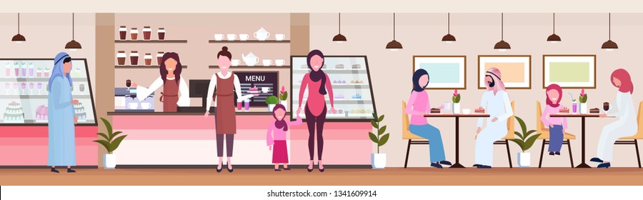 waitresses serving arabic people clients coffee shop workers hospitality service concept modern cafeteria interior flat cartoon characters full length horizontal banner