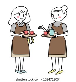 Waitresses serving coffee. Two waitresses carrying trays of coffee cups and talking to each other. Women holding trays of coffee, chatting together. Servers chatting together while serving coffee.