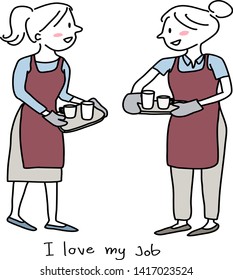 Waitresses serving coffee. Two waitresses carrying trays of coffee cups and talking to each other. 