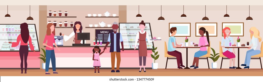 waitresses serving mix race people clients coffee shop workers hospitality service concept modern cafeteria interior flat full length horizontal banner