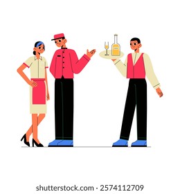 Waitstaff Group In Hotel Uniforms In Flat Vector Illustration Symbolizing Hospitality, Customer Service, And Restaurant Staff, Isolated On White Background.