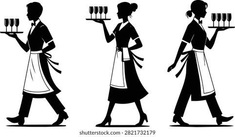 Waitstaff Serving Drinks Vector Collection – Restaurant Servers Carrying Trays with Glasses