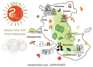 WAKAYAMA Japón mapa de viaje con Lugares famosos y símbolos. Ilustración vectorial dibujada a mano