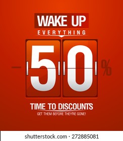 Wake up -50% sale design for coupon in shape of analog flip clock.