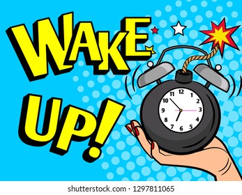 Wake up alarm clock. Hand holding clock pop art style vector illustration