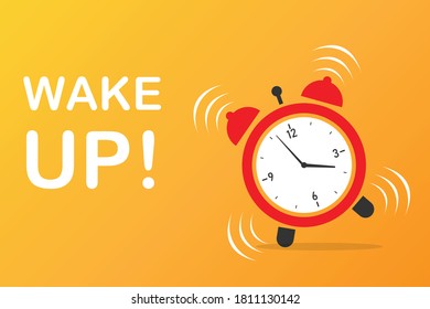 Despierta con el afiche del reloj despertador. Activa por la mañana. fondo naranja aislado. ilustración vectorial en diseño moderno de estilo plano. 