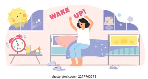 Despierta alarma composición plana con vista interior de dormitorio con estiramiento y bostezo de la imagen vectorial del personaje femenino
