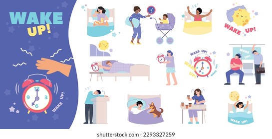 Wake up alarm flat set with composition of ringing clock with hand text and isolated icons vector illustration