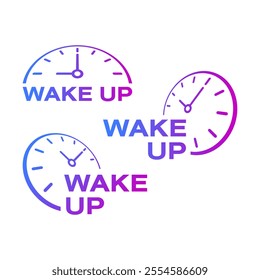 wake up and analog clock concept. wake up and three analog clocks. wake up word and three perspective wall clocks