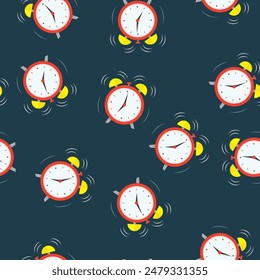 Wake up backdrop, seamless pattern with alarm clock. Time management, deadline, concept texture banner. Ringing clock. Endless pattern with alarm clocks. Flat vector illustration