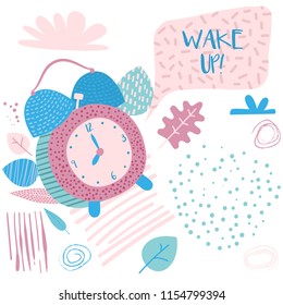 Wake up Banner. Alarm Clock in Hand Drawn Retro Comic Style. Cartoon Vector Illustration. Objects on Isolated Background in Childish Style