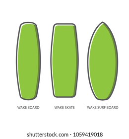 Wake board, wake skate, wake surf icon set. Water extreme sport vector equipment. Flat style design.