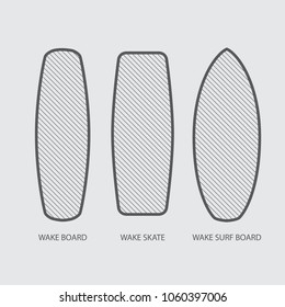 Wake board, wake skate, wake surf icon set. Water extreme sport vector equipment. Flat style design.