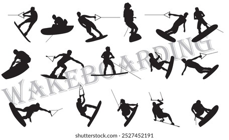 wake boarding silhouette collecting isolated on white