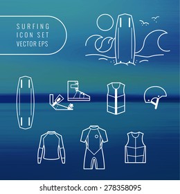 Wake boarding and surfing icon set. equipment for wakeboard riders. blur background