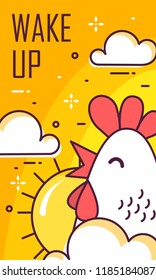 Wake up card with rooster, clouds and sun. Thin line flat design. Vector good morning banner.