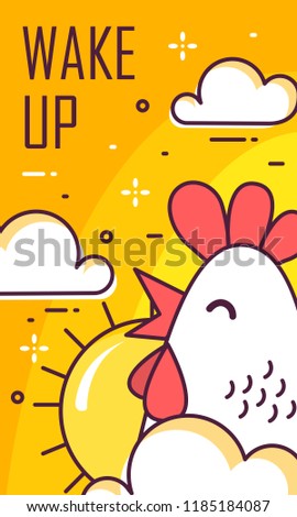 Wake up card with rooster, clouds and sun. Thin line flat design. Vector good morning banner.